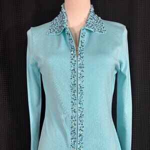 NWT Cache Turquoise Beaded Collar Zip Up Silk Blend Size L Knit Top Long Sleeve